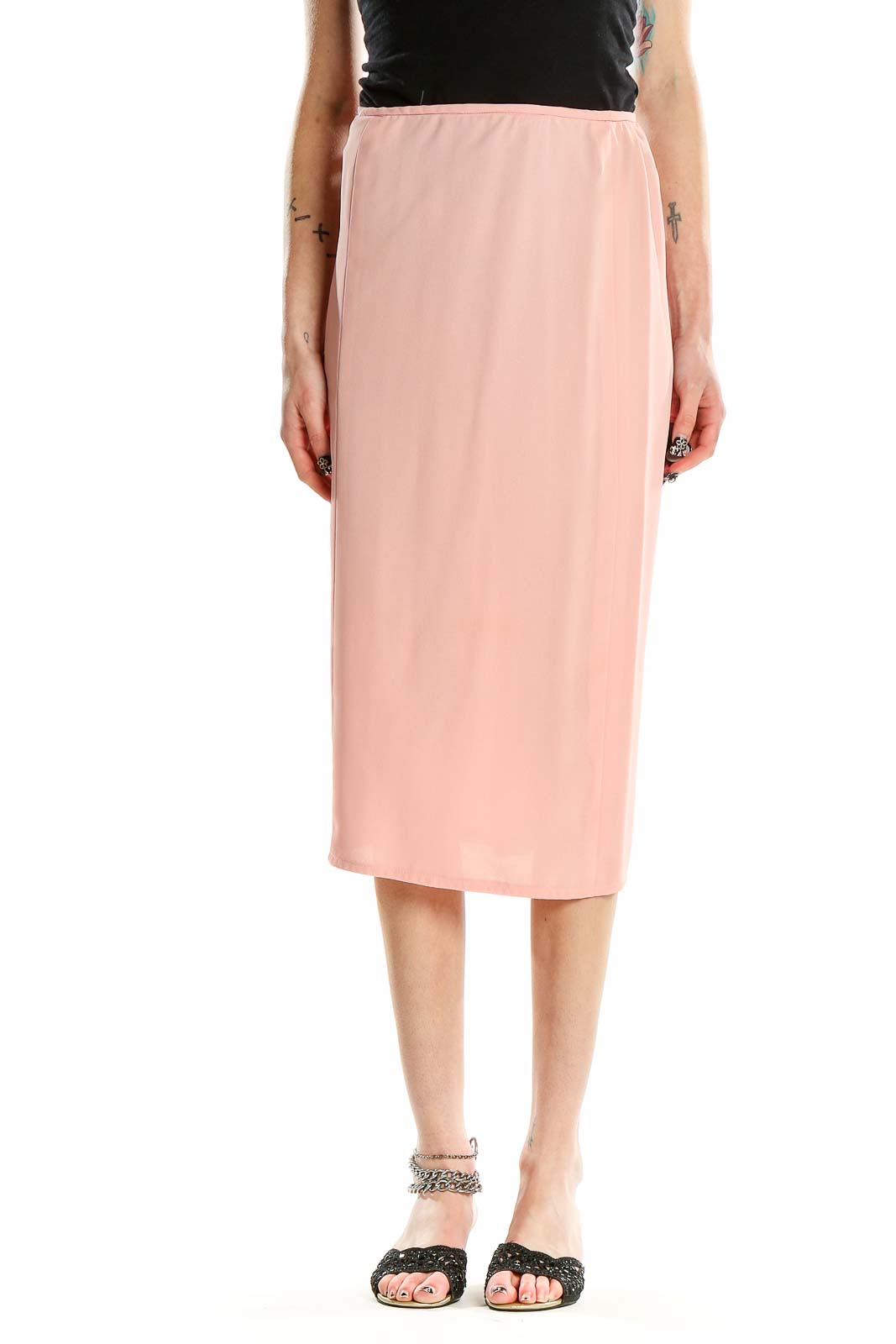 Front view of pink midi pencil skirt by SilkRoll