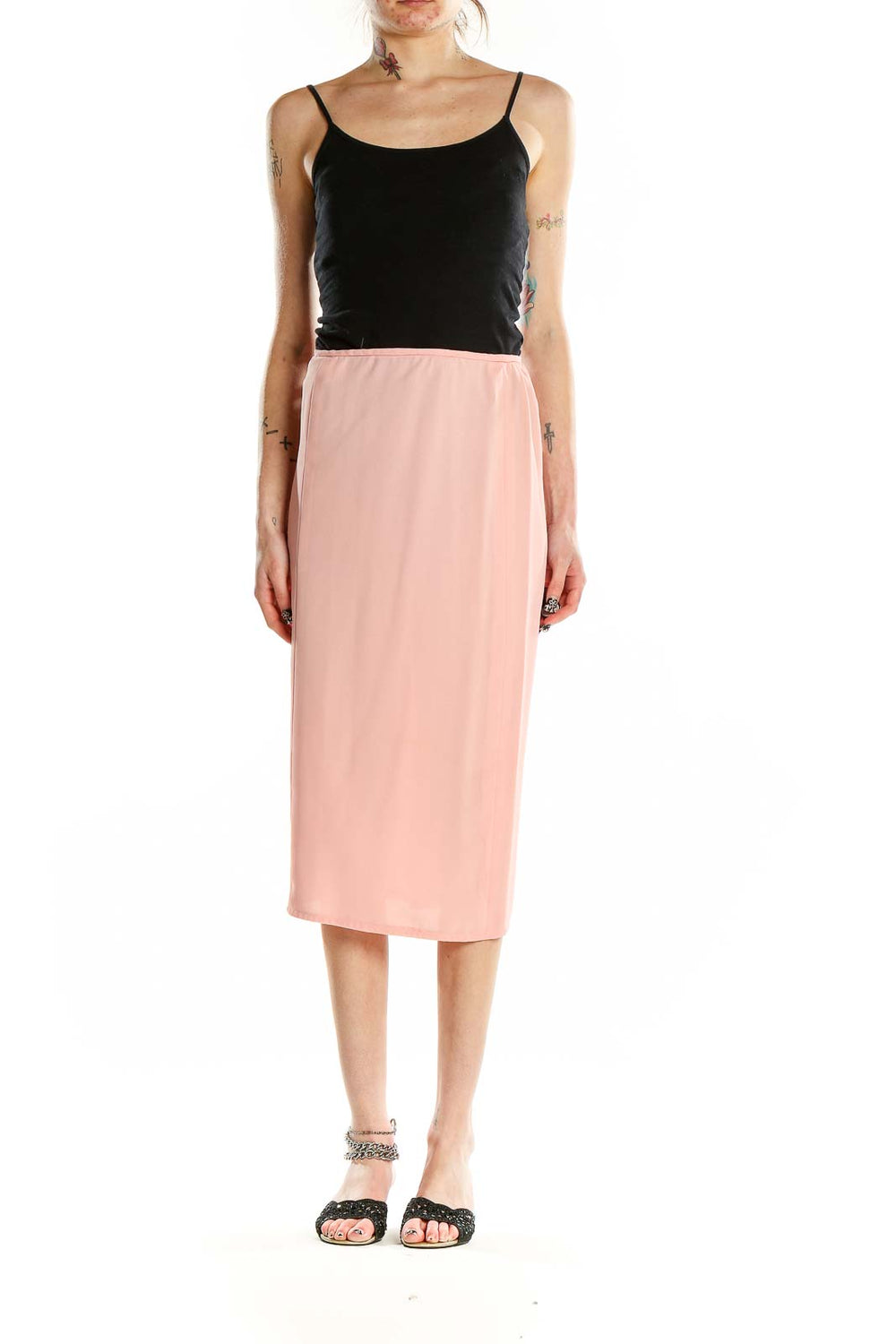 Front view of pink midi pencil skirt by SilkRoll