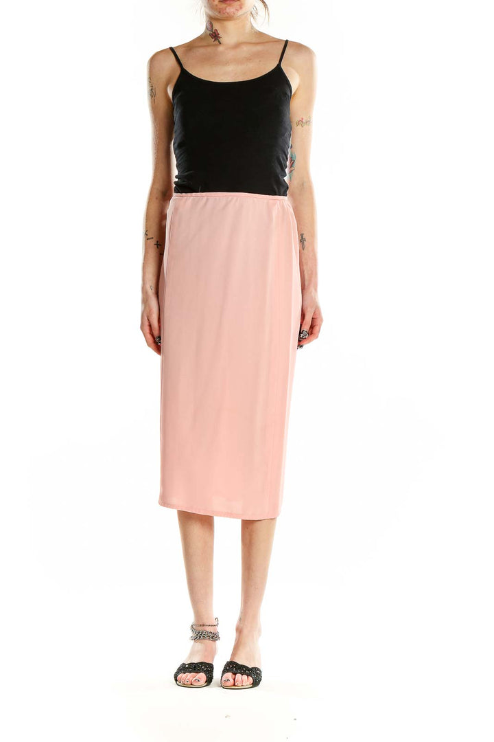 Front view of pink midi pencil skirt by SilkRoll