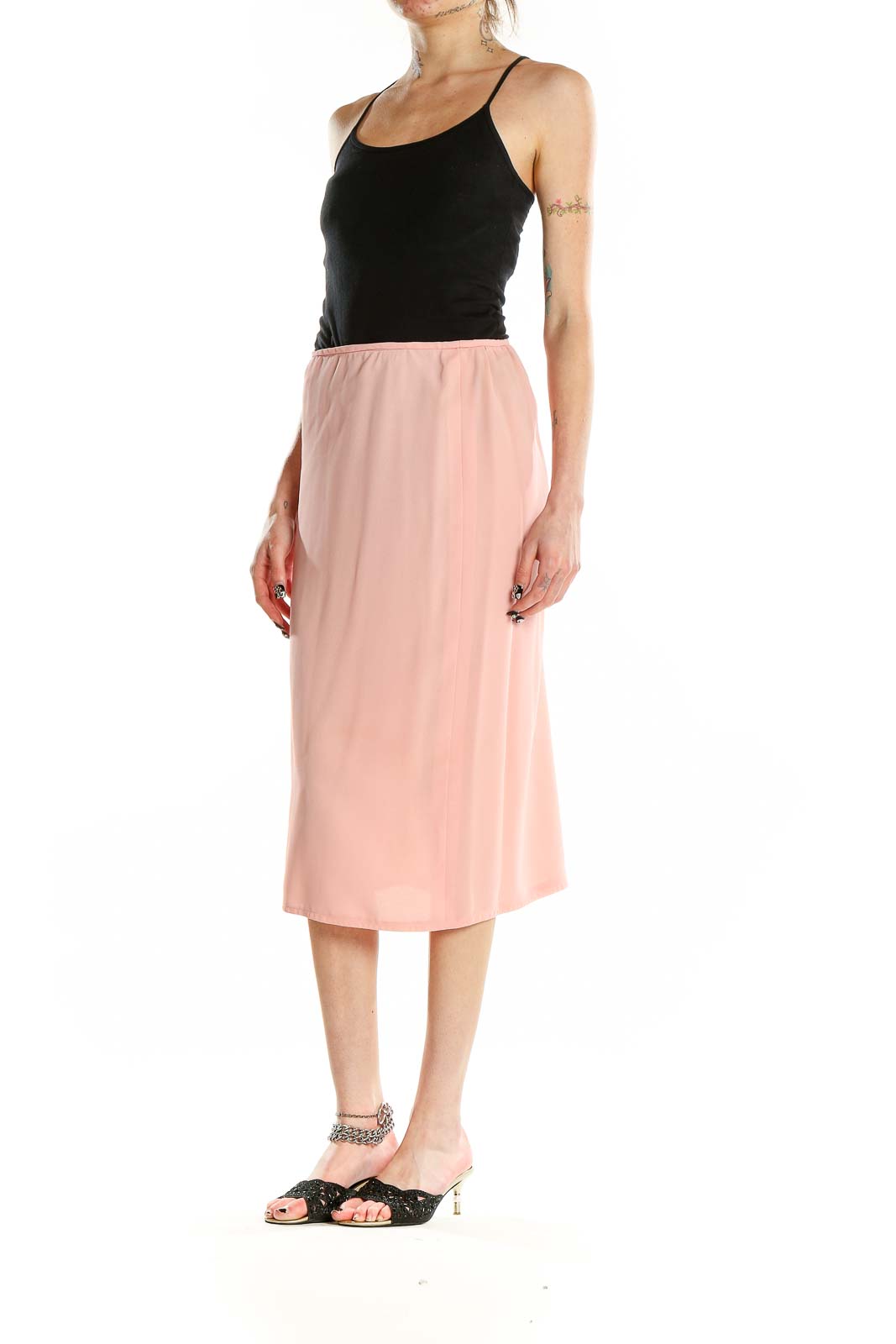 Front view of pink midi pencil skirt by SilkRoll