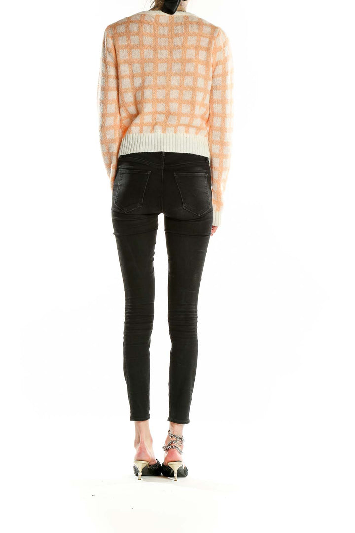 Back view of Calista peach checkered cropped cardigan showing full pattern