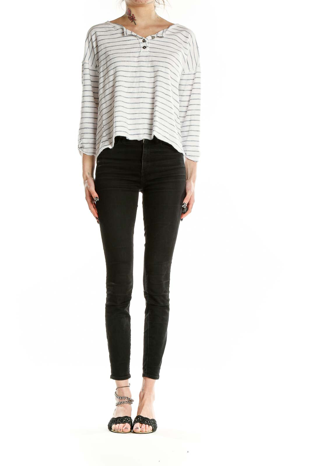 Front view of Hem & Thread white striped relaxed fit top with V-neckline