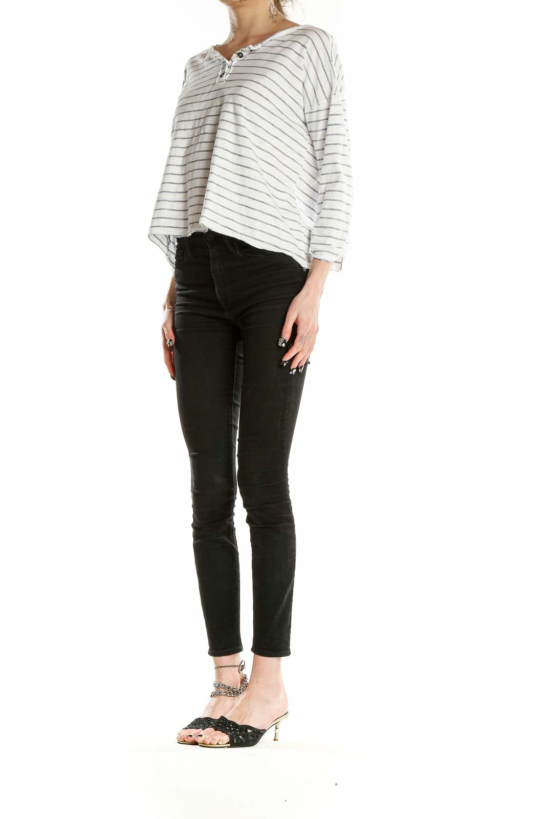 Front view of Hem & Thread white striped relaxed fit top with V-neckline