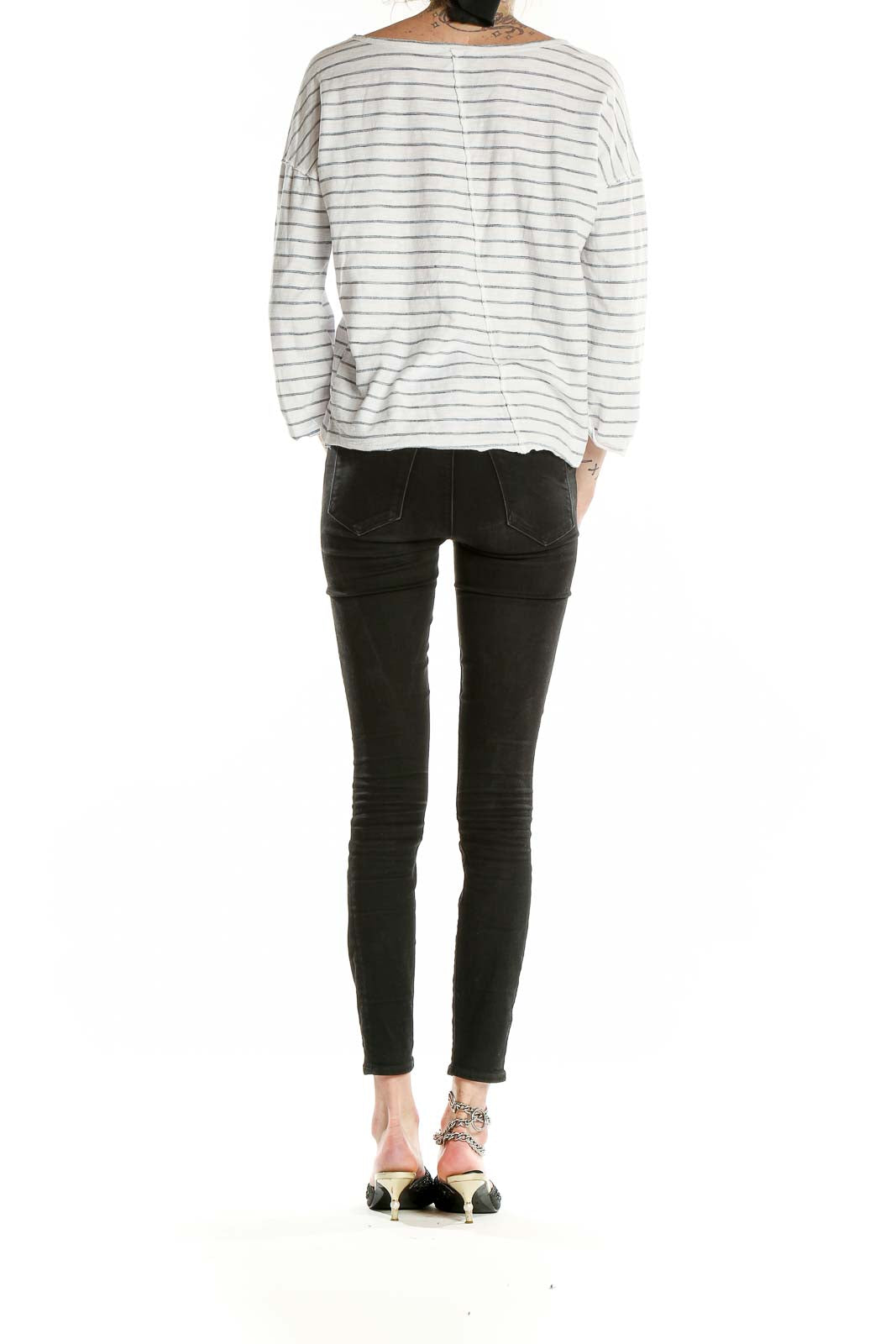 Back view of Hem & Thread white striped relaxed fit top showing full length