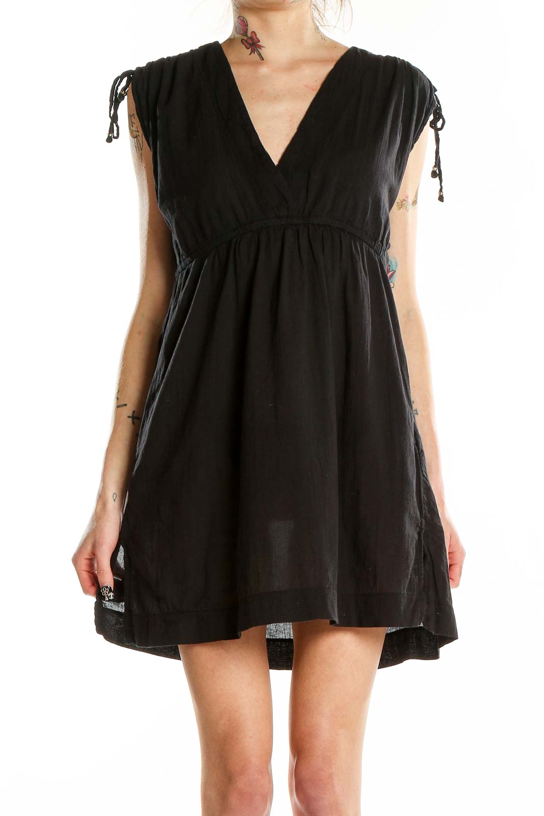 Front view of Lauren Ralph Lauren black cotton V-neck dress with empire waist