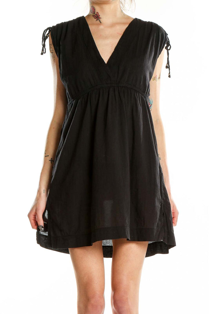 Front view of Lauren Ralph Lauren black cotton V-neck dress with empire waist