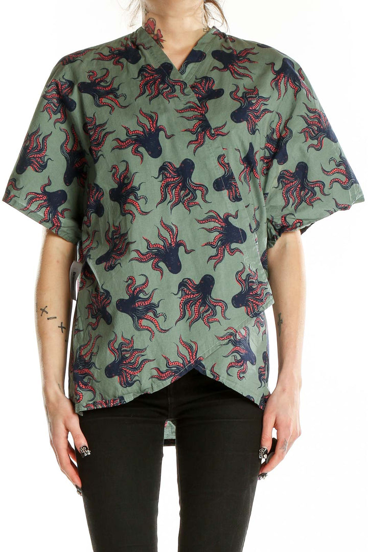 Front view of Green Octopus Print Oversized Top by SilkRoll