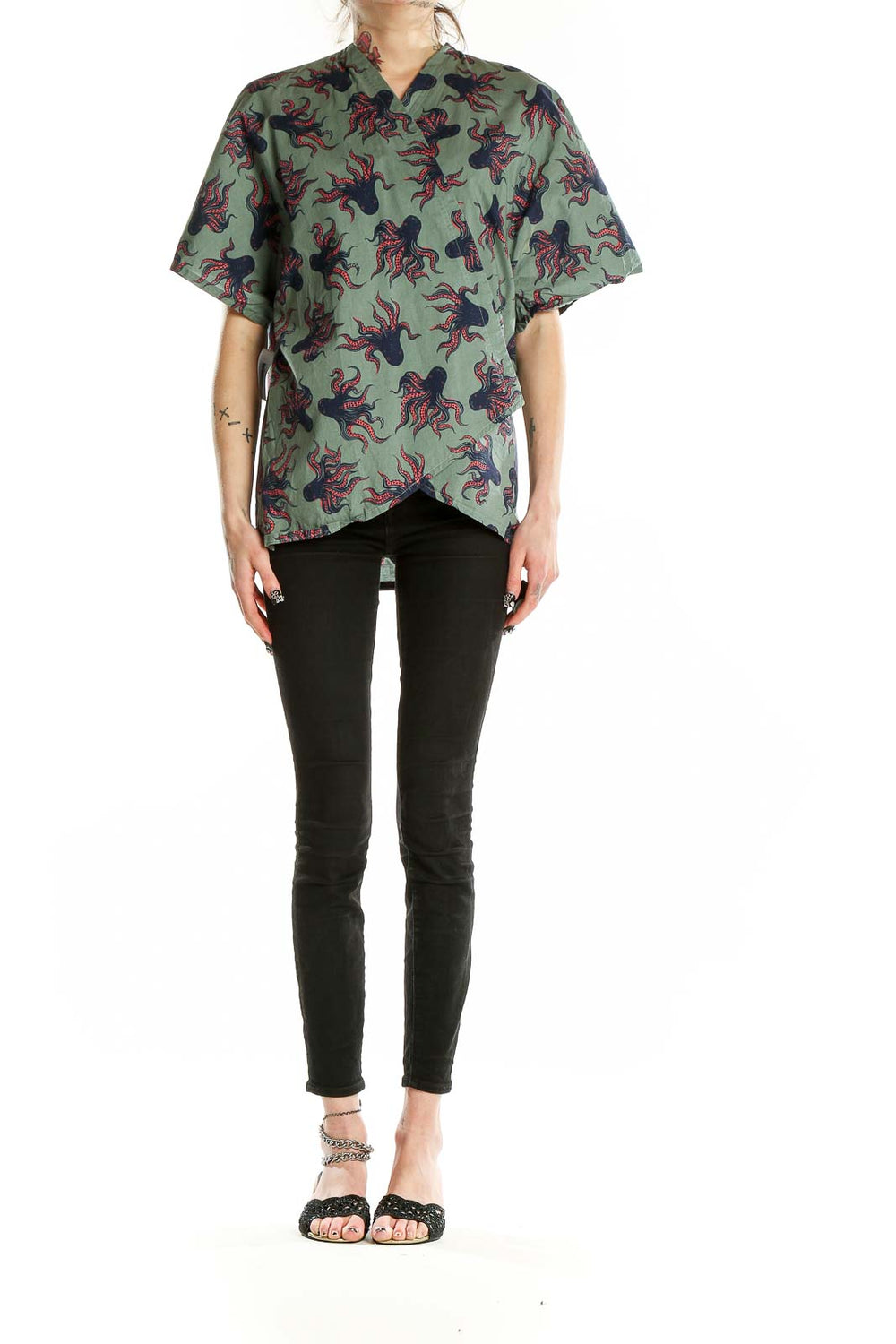 Front view of Green Octopus Print Oversized Top by SilkRoll
