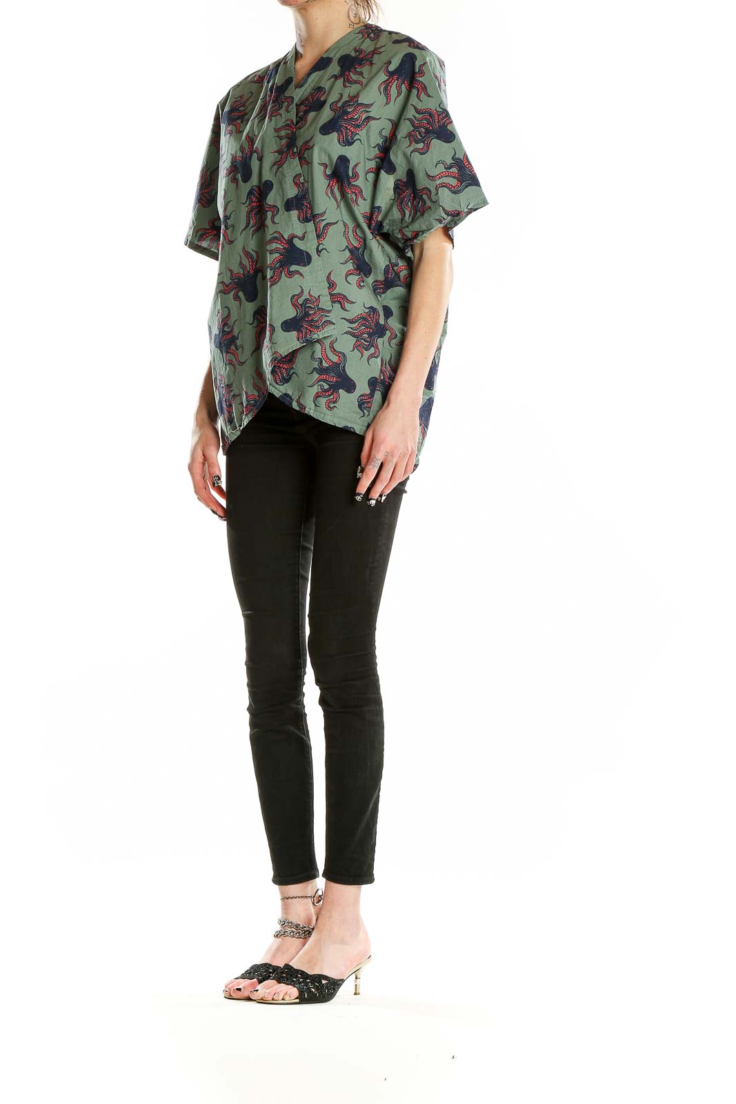 Front view of Green Octopus Print Oversized Top by SilkRoll