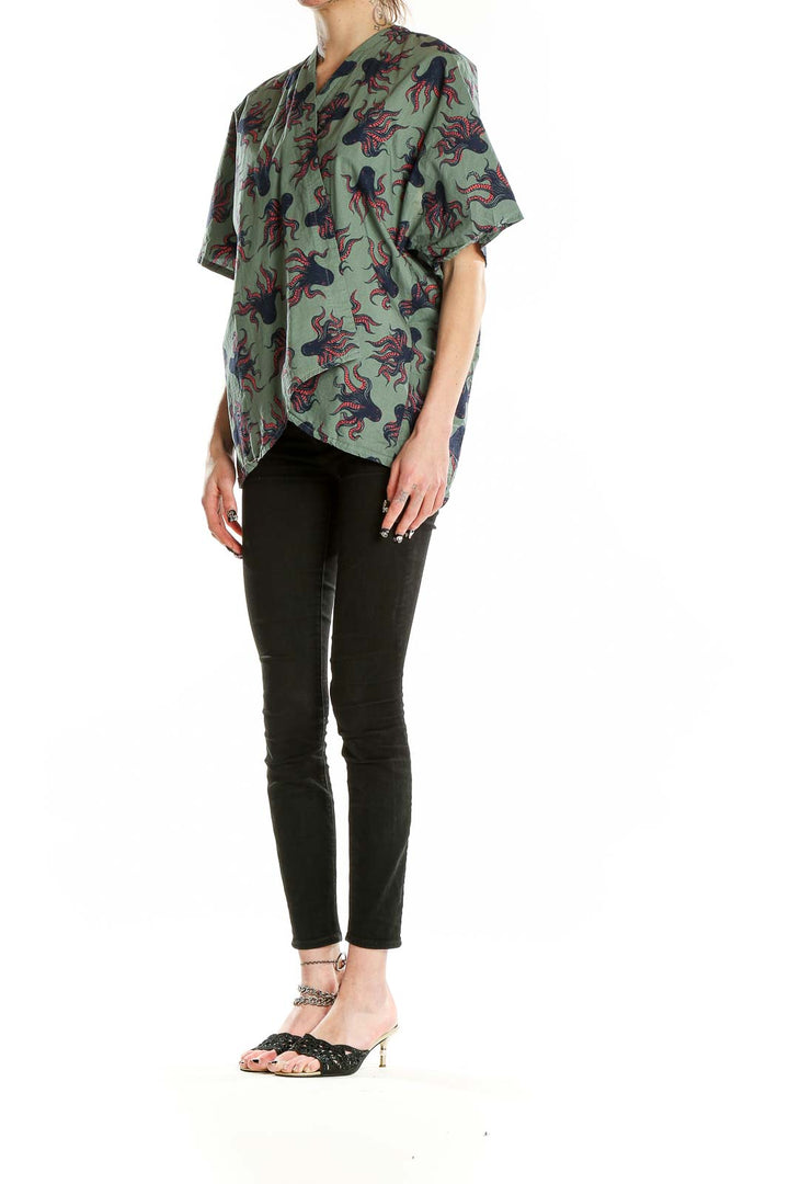 Front view of Green Octopus Print Oversized Top by SilkRoll