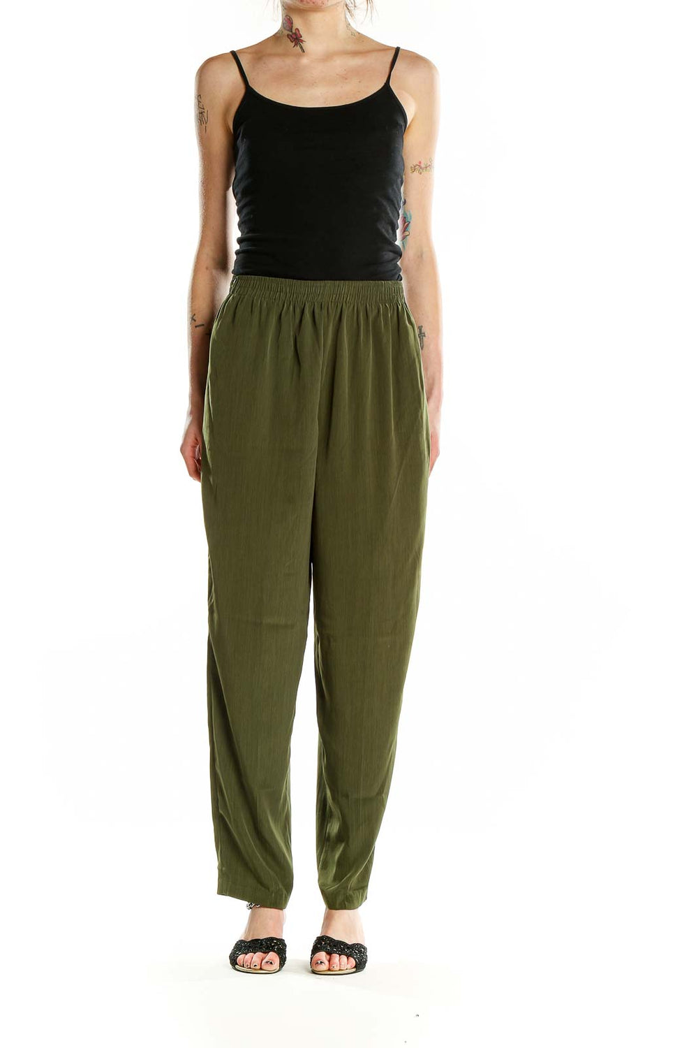 Front view of olive green relaxed fit polyester pants by David Benjamin