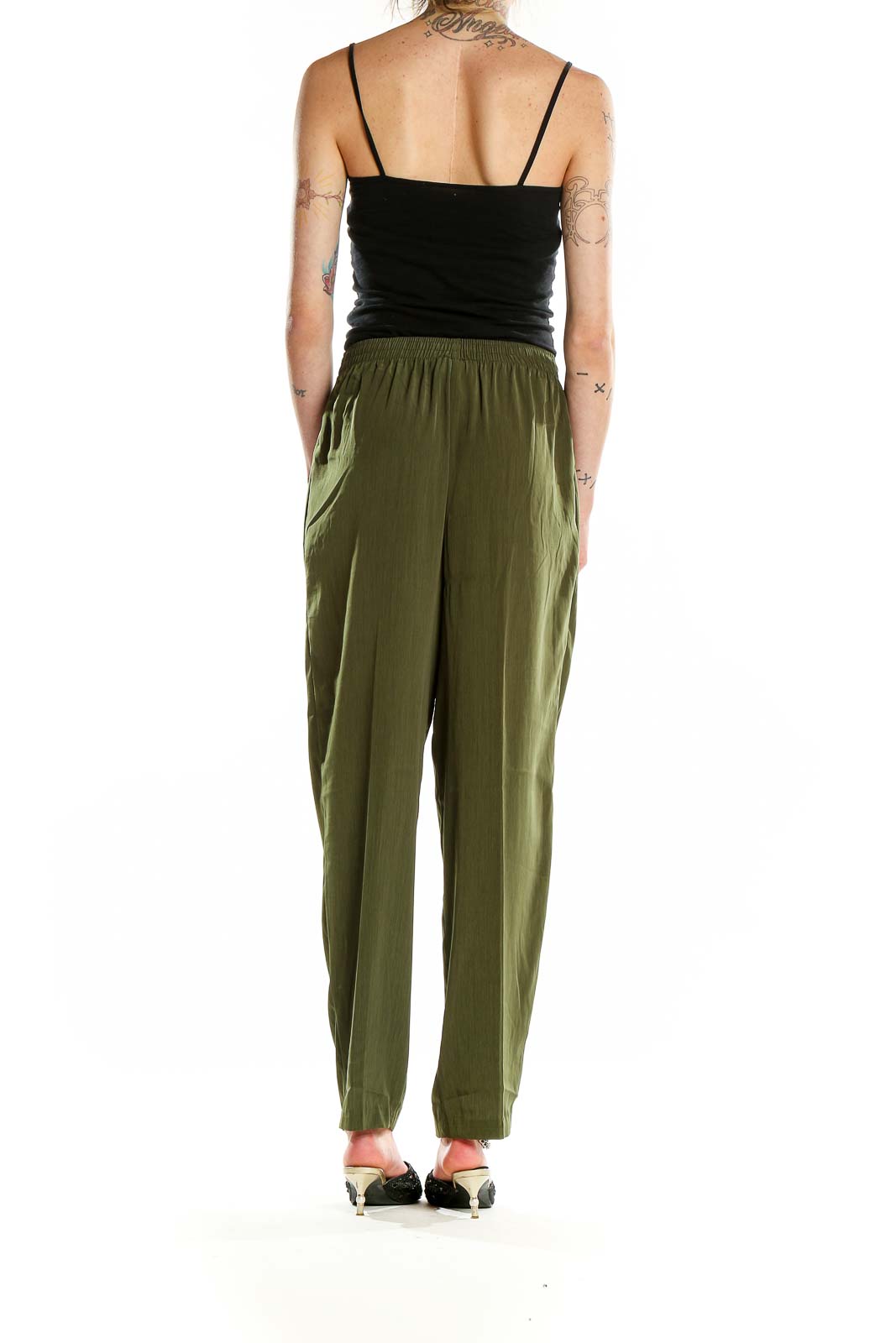 Back view of olive green relaxed fit polyester pants by David Benjamin