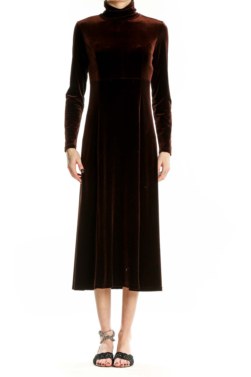 Front view of brown velvet turtleneck midi dress by Moda International