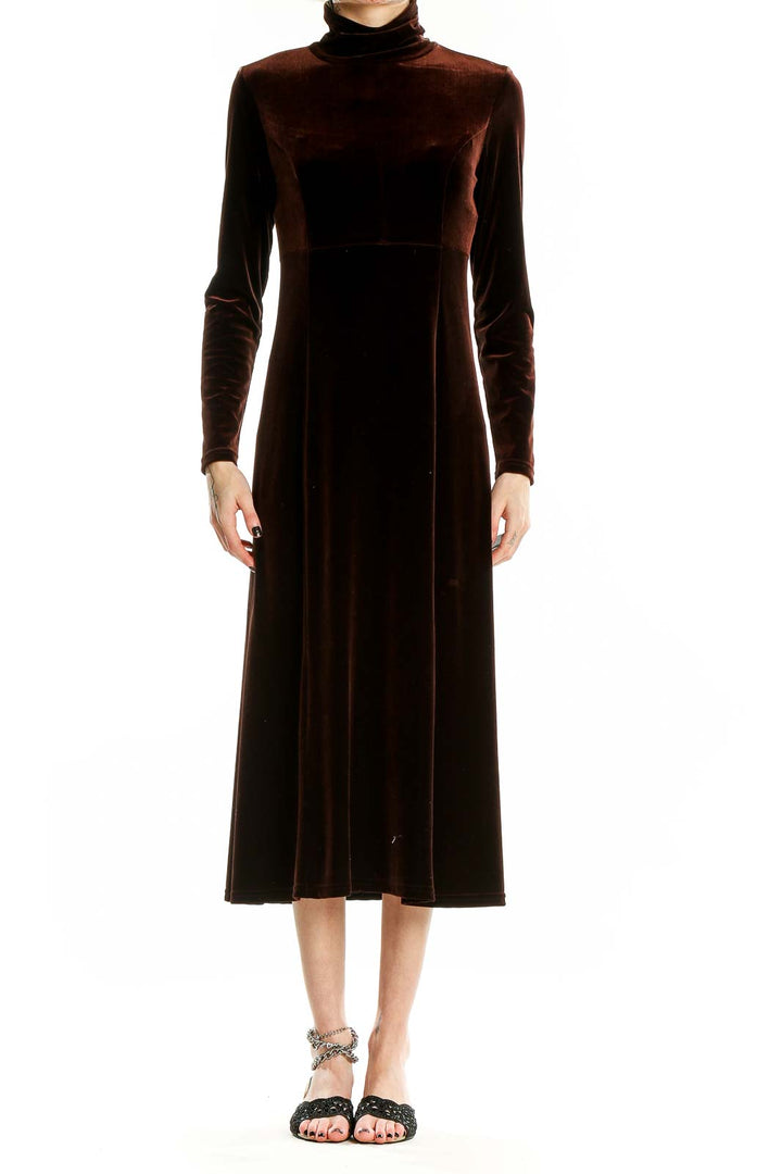 Front view of brown velvet turtleneck midi dress by Moda International