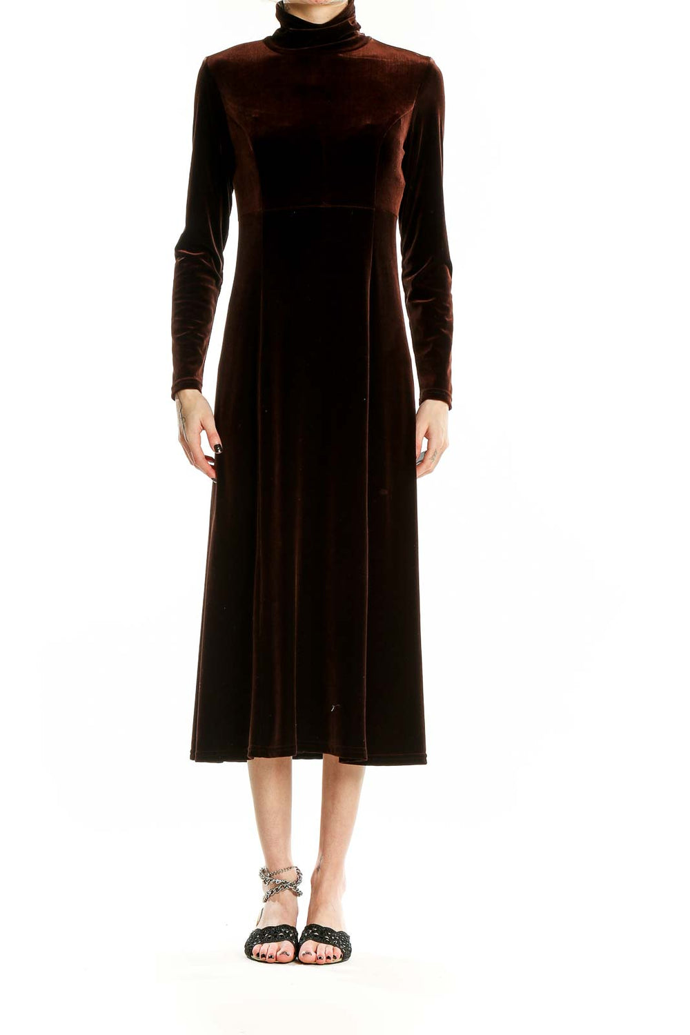 Front view of brown velvet turtleneck midi dress by Moda International
