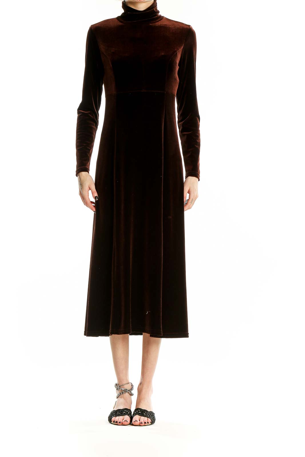 Front view of brown velvet turtleneck midi dress by Moda International