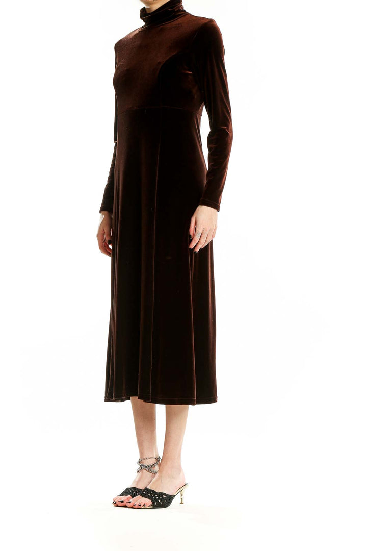 Front view of brown velvet turtleneck midi dress by Moda International