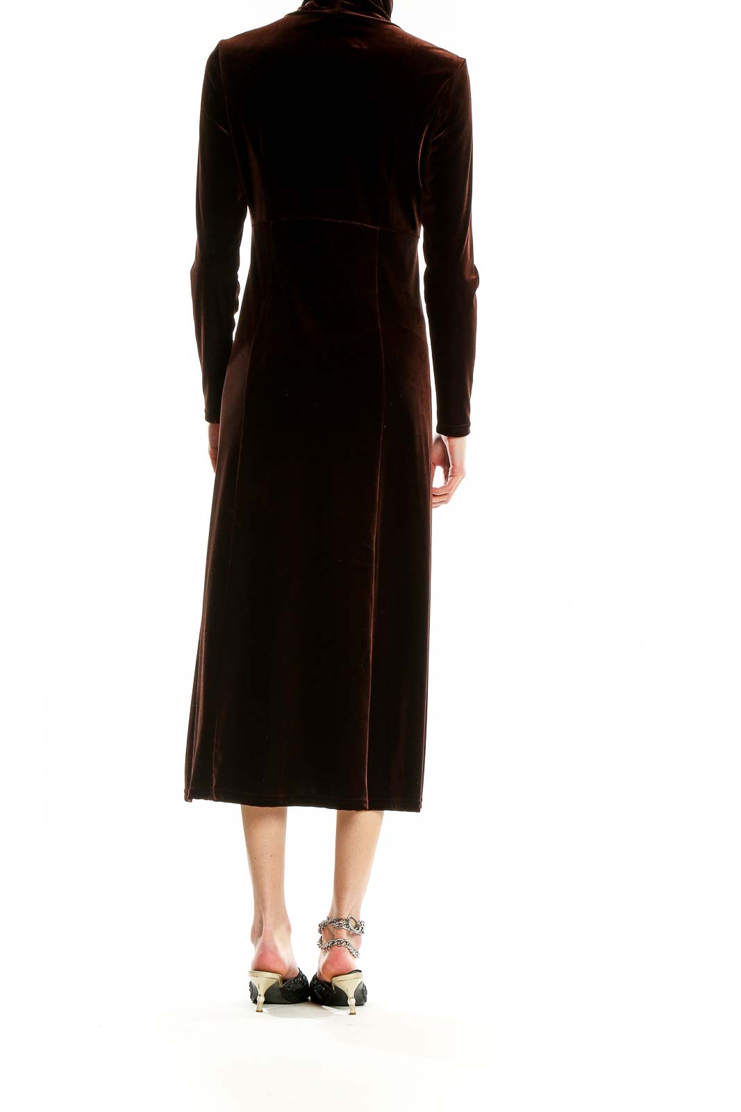 Back view of brown velvet turtleneck midi dress showing sleek silhouette