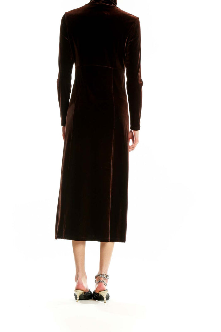 Back view of brown velvet turtleneck midi dress showing sleek silhouette