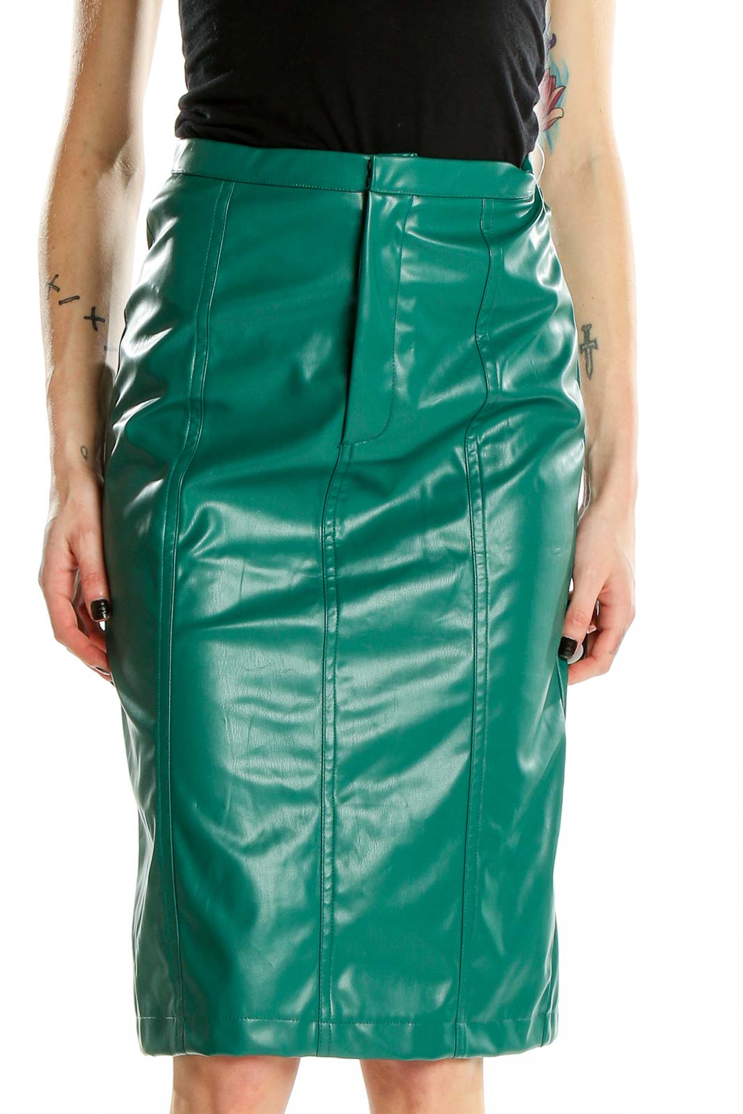 Front view of NSR green faux leather pencil skirt