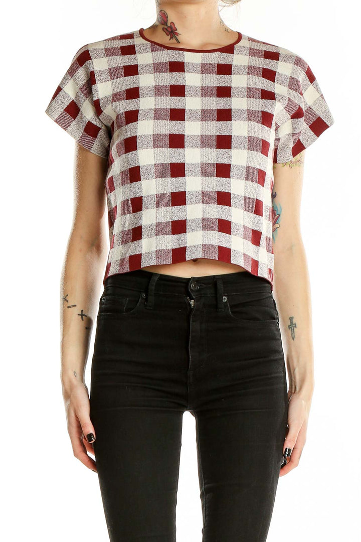 White Red Short Sleeve Cropped Checkered Top