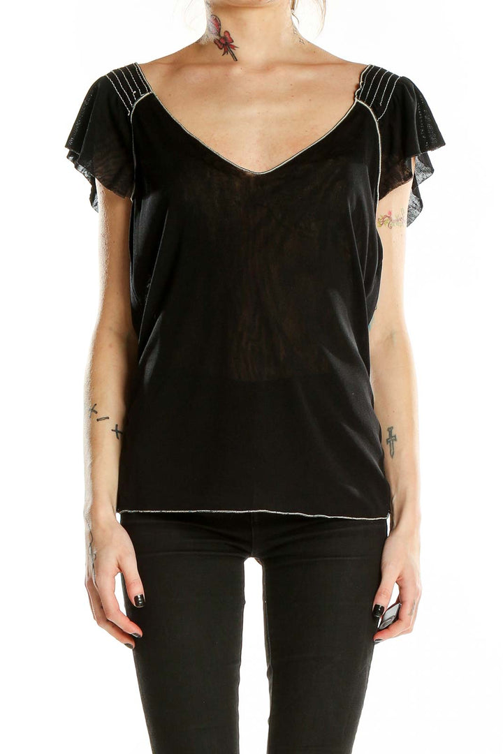 Front view of black Max Studio V-neck top with flutter sleeves