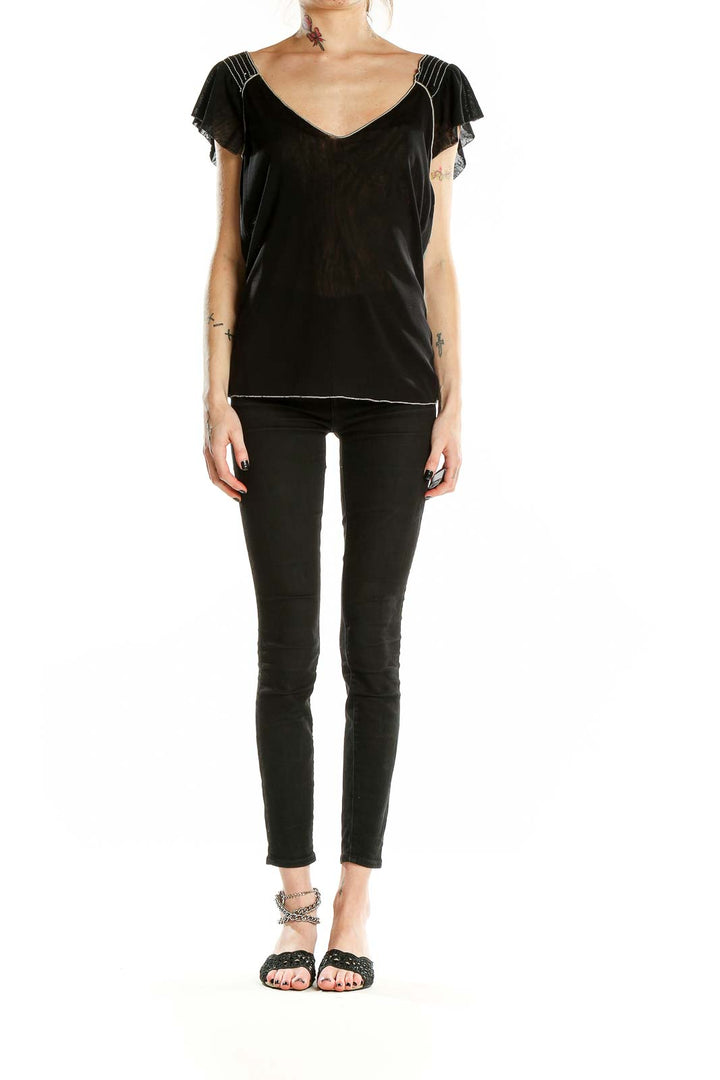 Front view of black Max Studio V-neck top with flutter sleeves