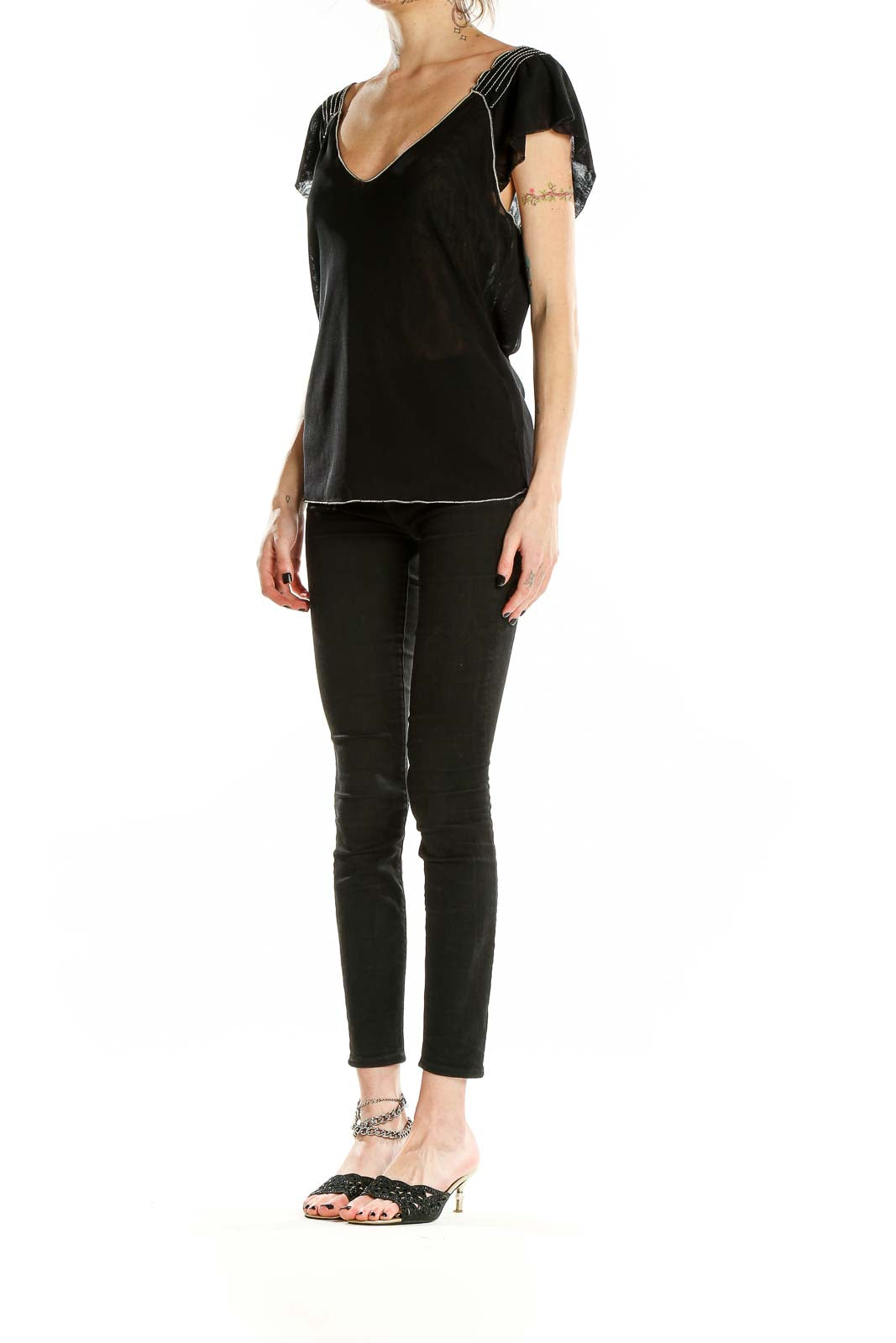 Front view of black Max Studio V-neck top with flutter sleeves