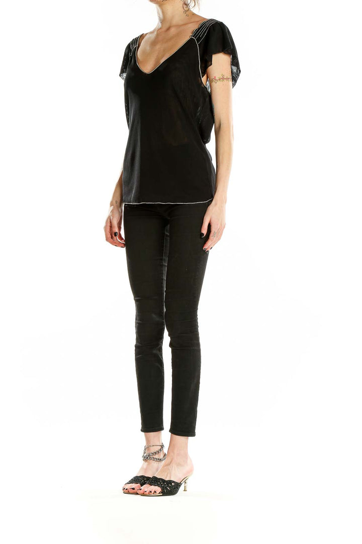 Front view of black Max Studio V-neck top with flutter sleeves