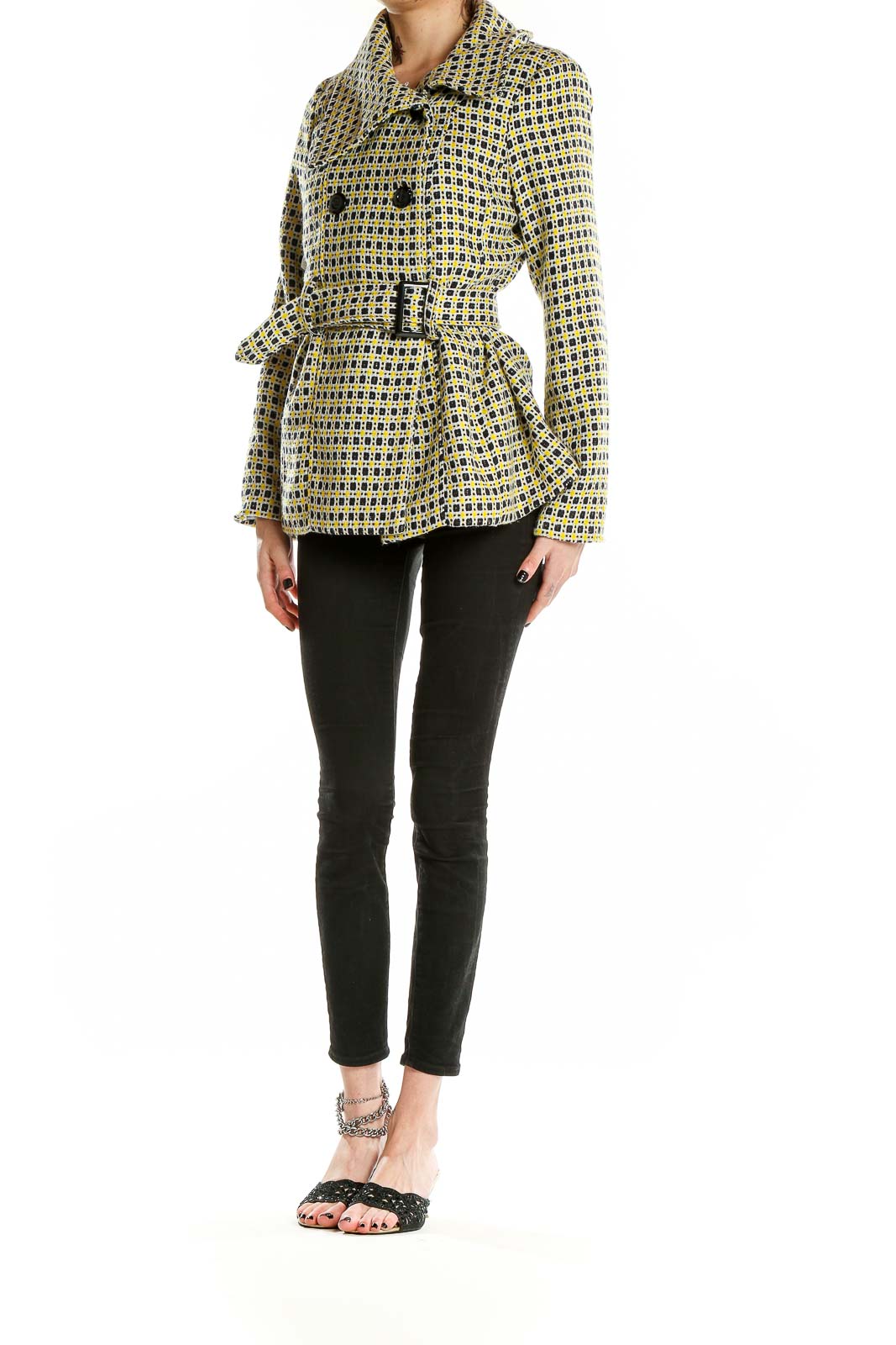 Front view of Robert Louis yellow geometric print peacoat with belt
