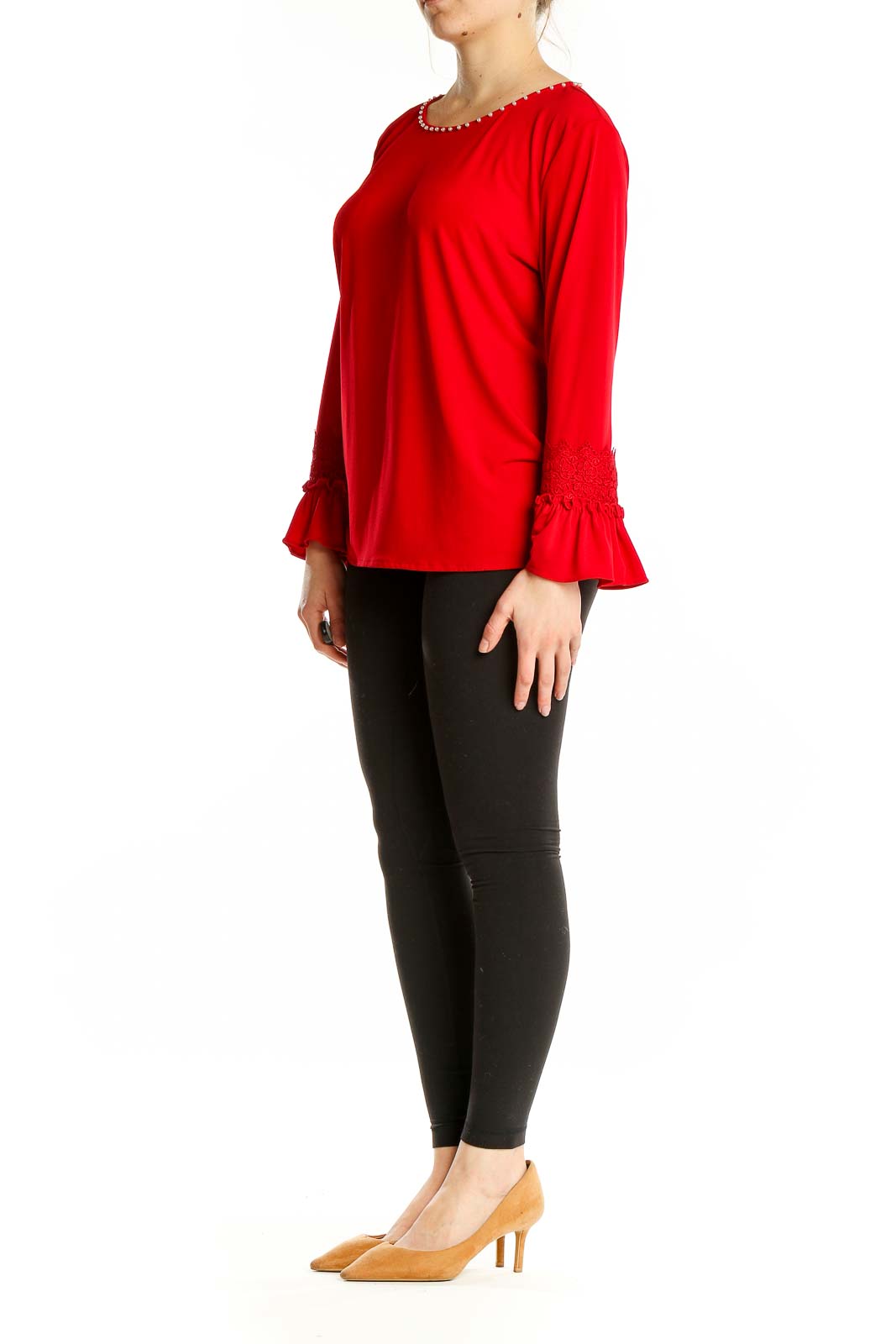 Front view of Karl Lagerfeld red top with embellished neckline and bell sleeves