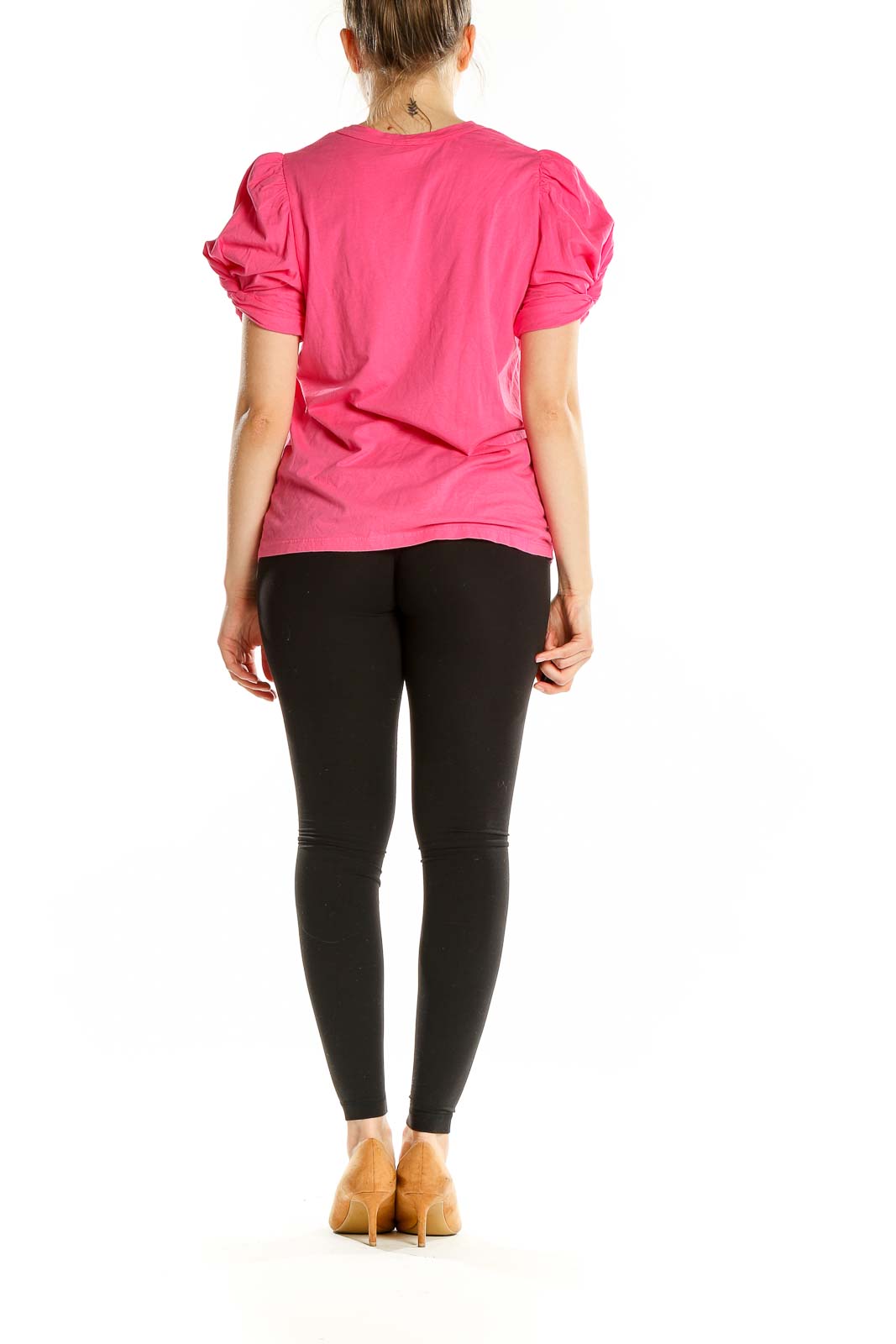 Back view of A.L.C. pink puff-sleeve cotton top on model