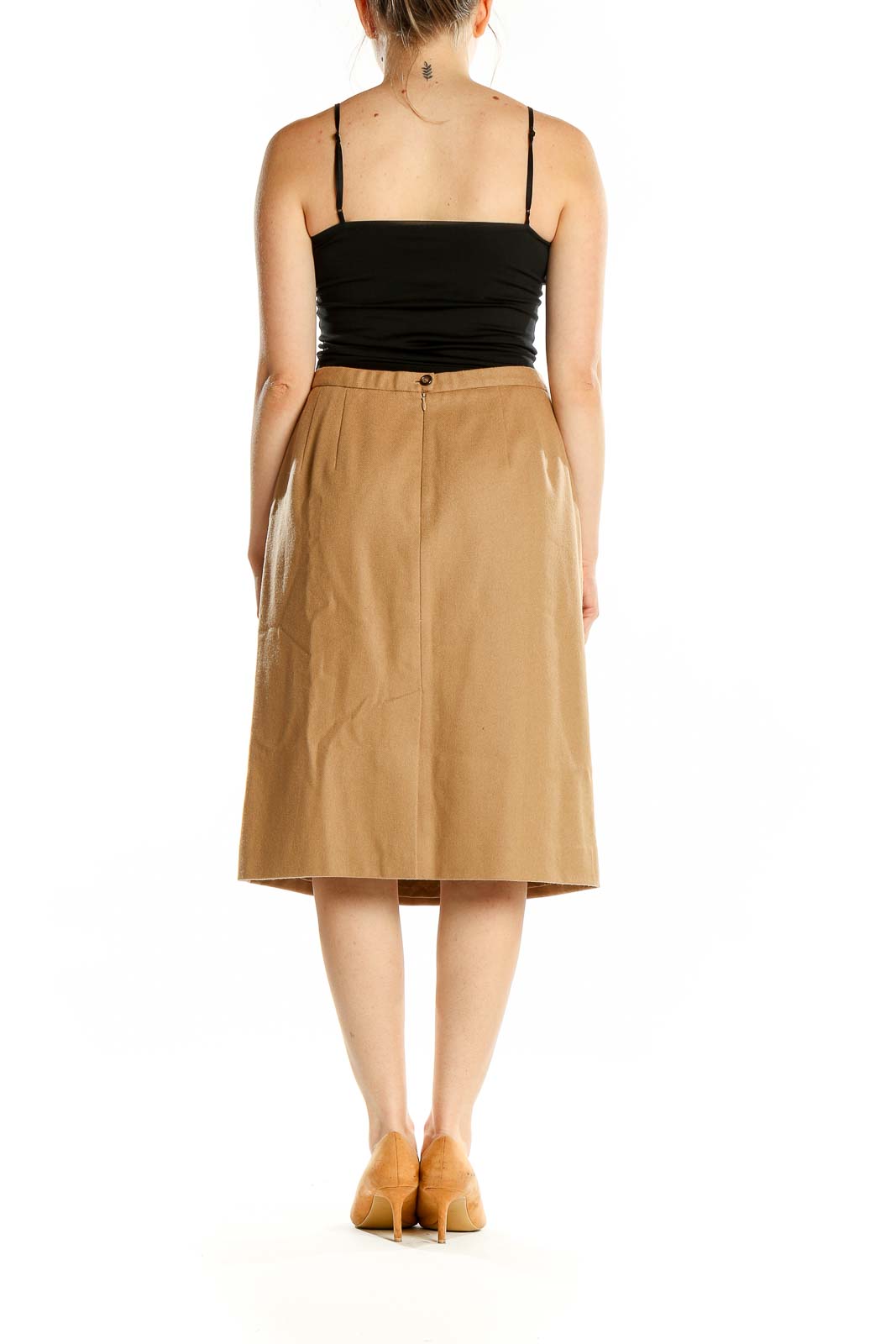 Back view of Pendleton camel virgin wool A-line midi skirt with concealed zipper