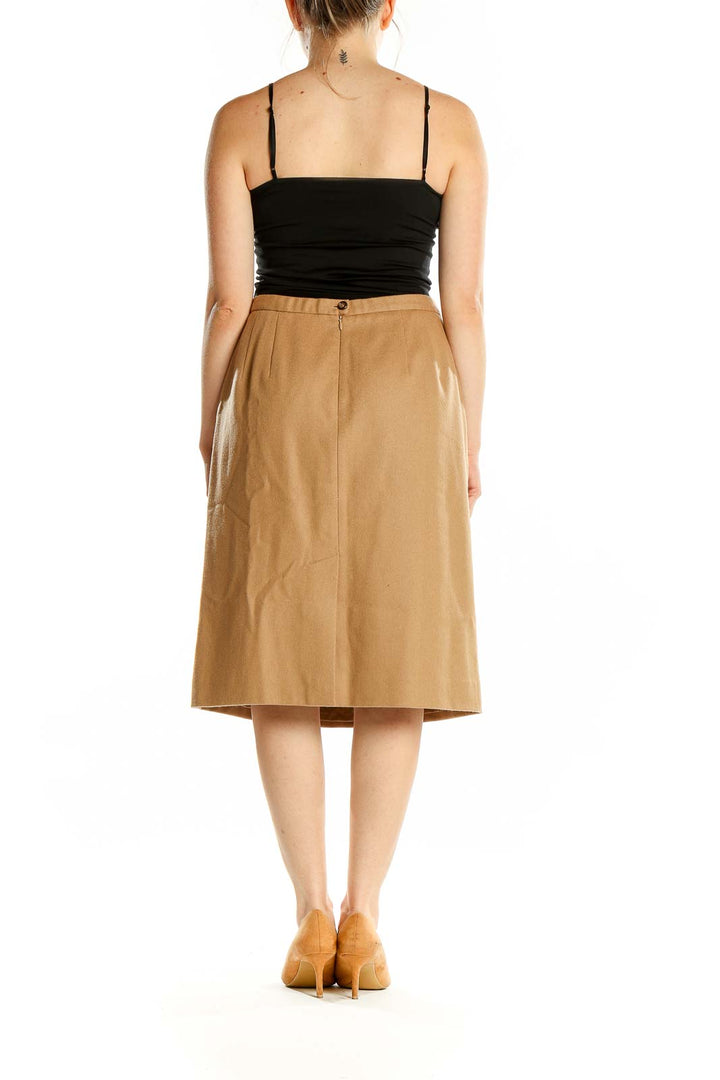 Back view of Pendleton camel virgin wool A-line midi skirt with concealed zipper