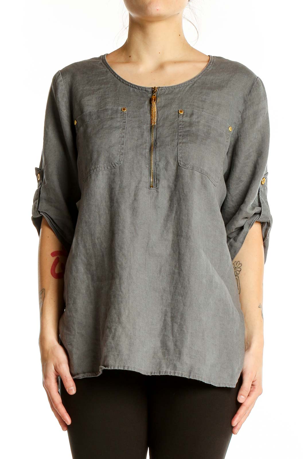 フォクシー Linen Cross 半袖リネンニット トップス 38 グレー フォクシー Linen Cross 半袖リネンニット トップス 38 グレー