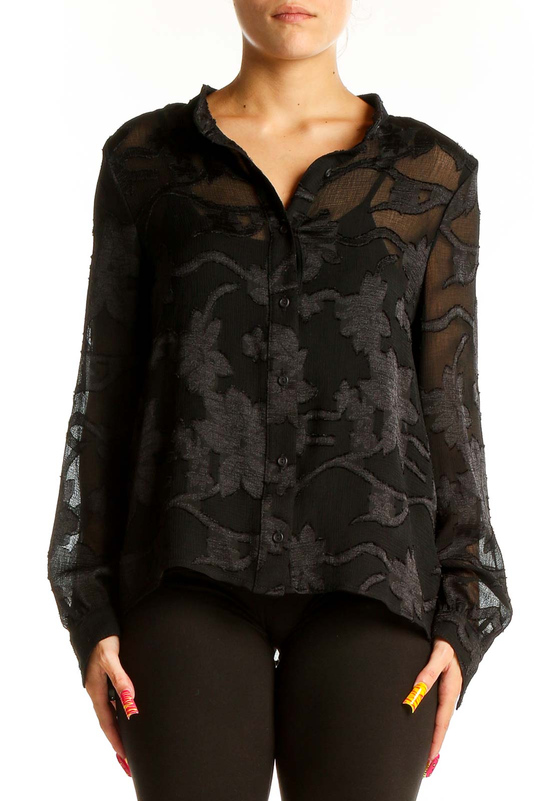 Front view of Amadi black sheer floral button-up blouse