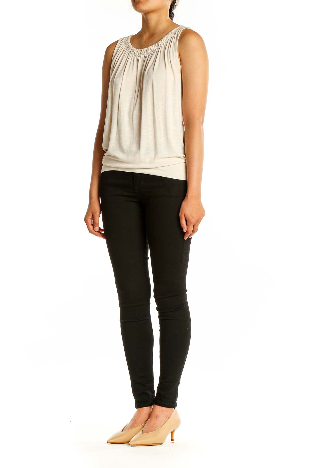Front view of cream sleeveless gathered neck top from LOFT Outlet