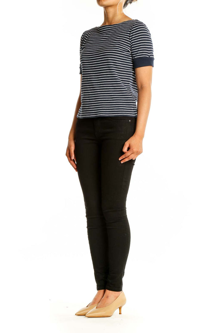Front view of Lauren Ralph Lauren navy and white striped cotton top with boat neckline