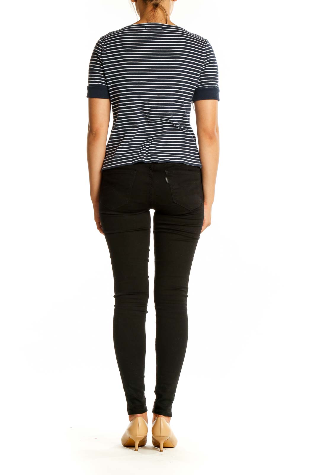 Back view of Lauren Ralph Lauren navy and white striped cotton top showing full length