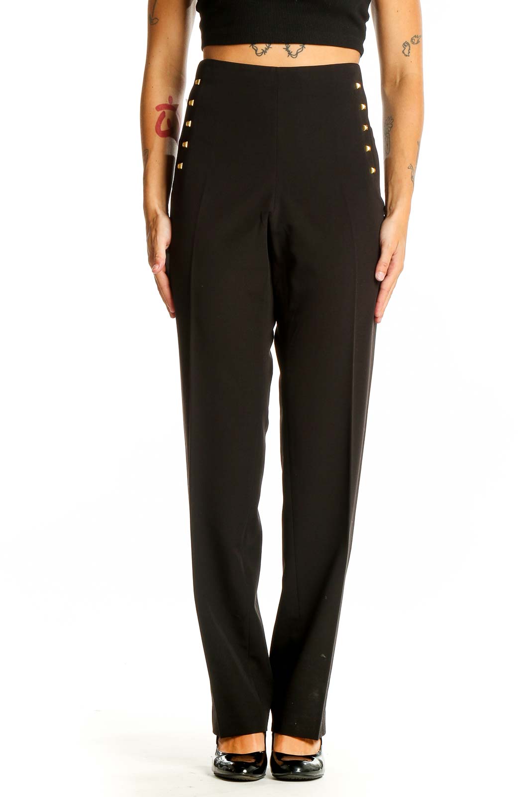 Larry Levine Black High-Waisted Studded Dress Pants | Elegant Office Wear SilkRoll Larry Levine Black High-Waisted Studded Dress Pants | Elegant Office Wear SilkRoll