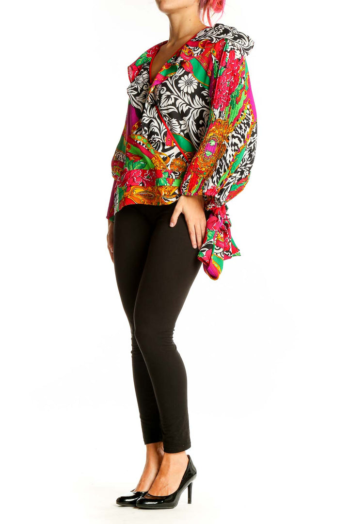 Front view of multicolor floral print Diane Freis wrap blouse