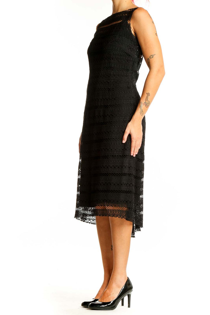 Front view of Monique Lhuillier black lace midi cocktail dress