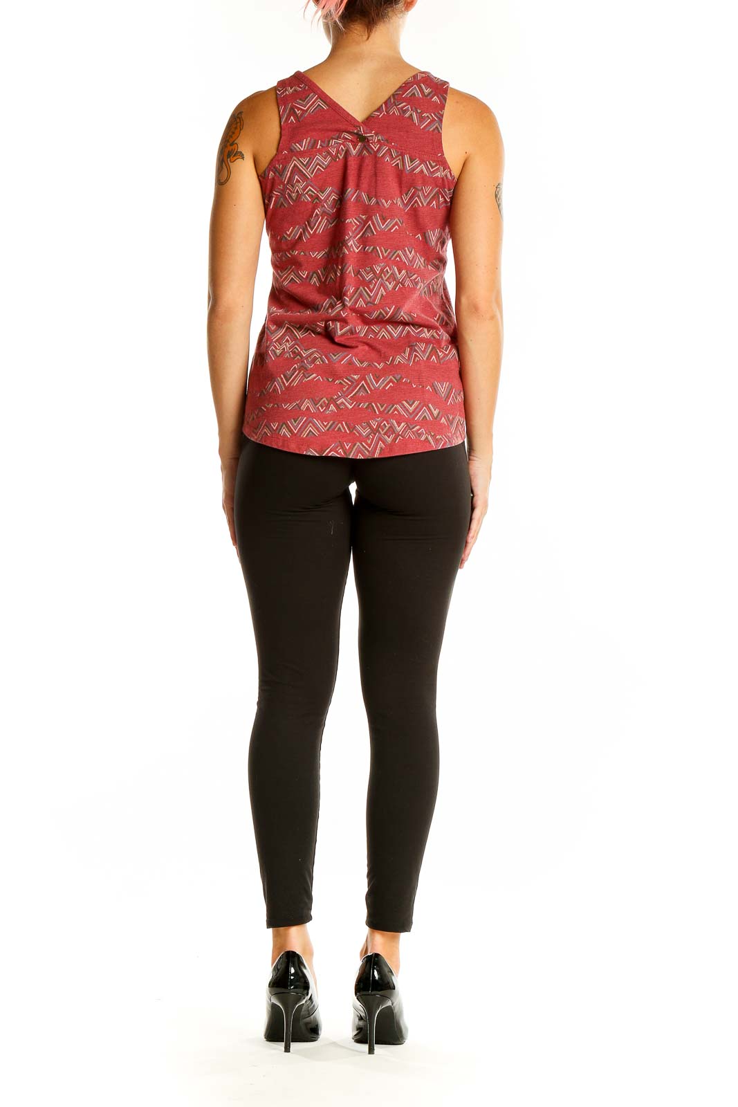 Back view of Sherpa Adventure Gear red geometric print V-neck tank top