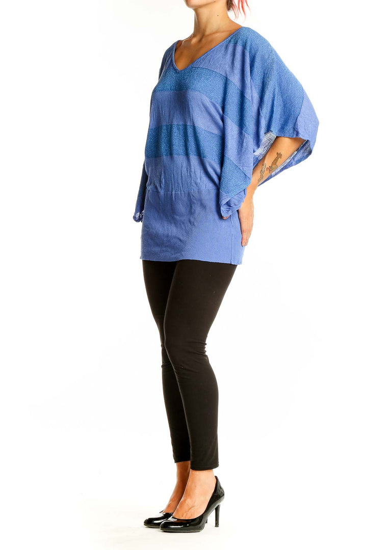 Front view of Nicole by Nicole Miller blue striped metallic knit top with batwing sleeves