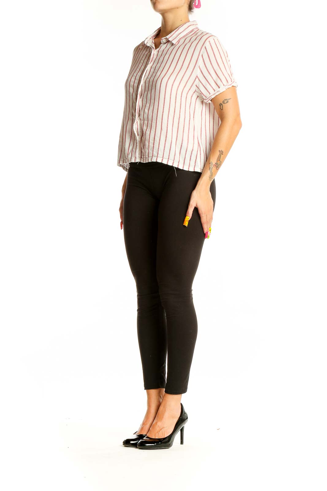 Front view of BB Dakota white and red striped cotton crop top