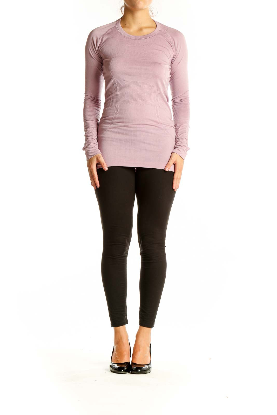 Front view of pink Lululemon long sleeve performance top