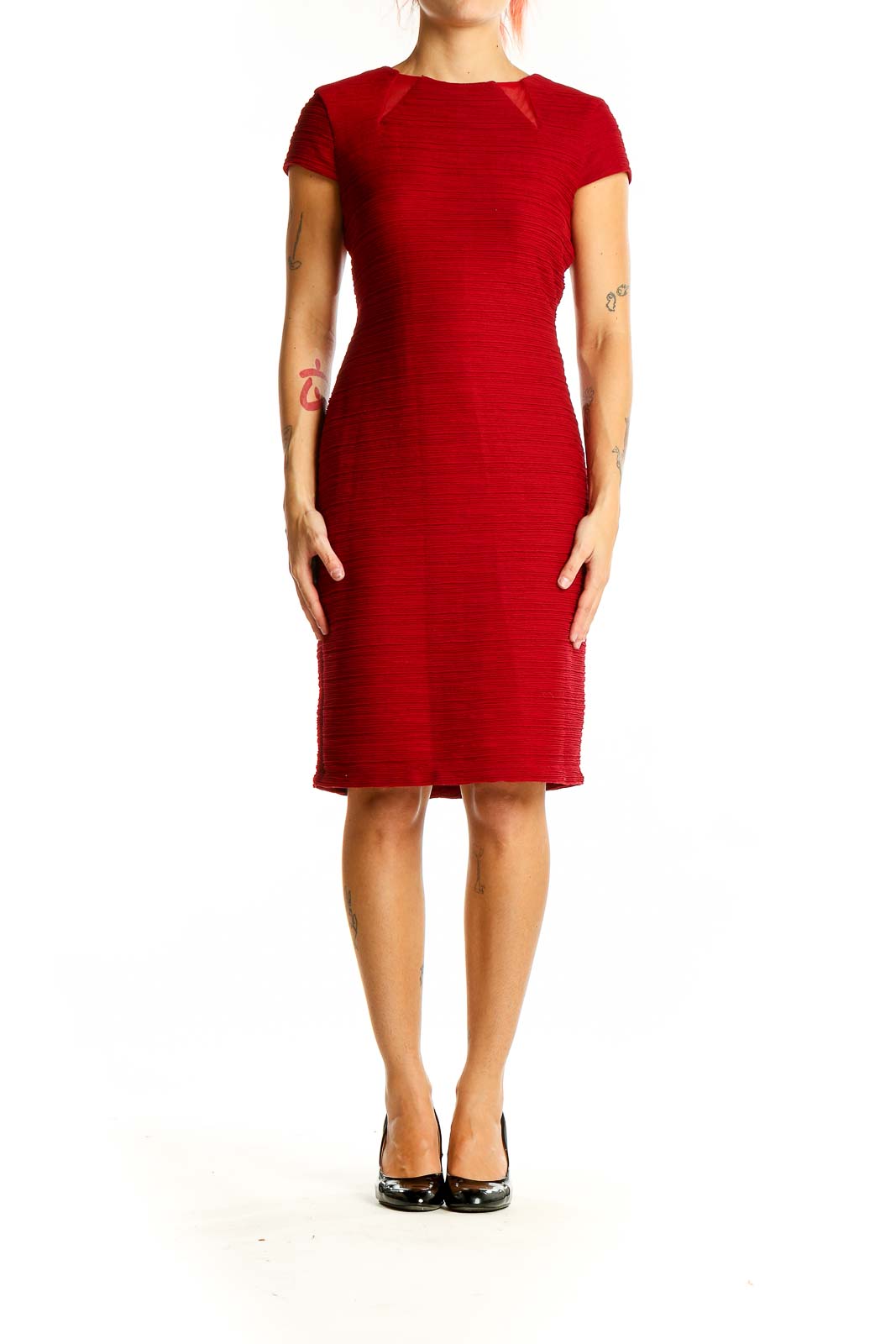 Front view of red textured bodycon midi dress by Taylor