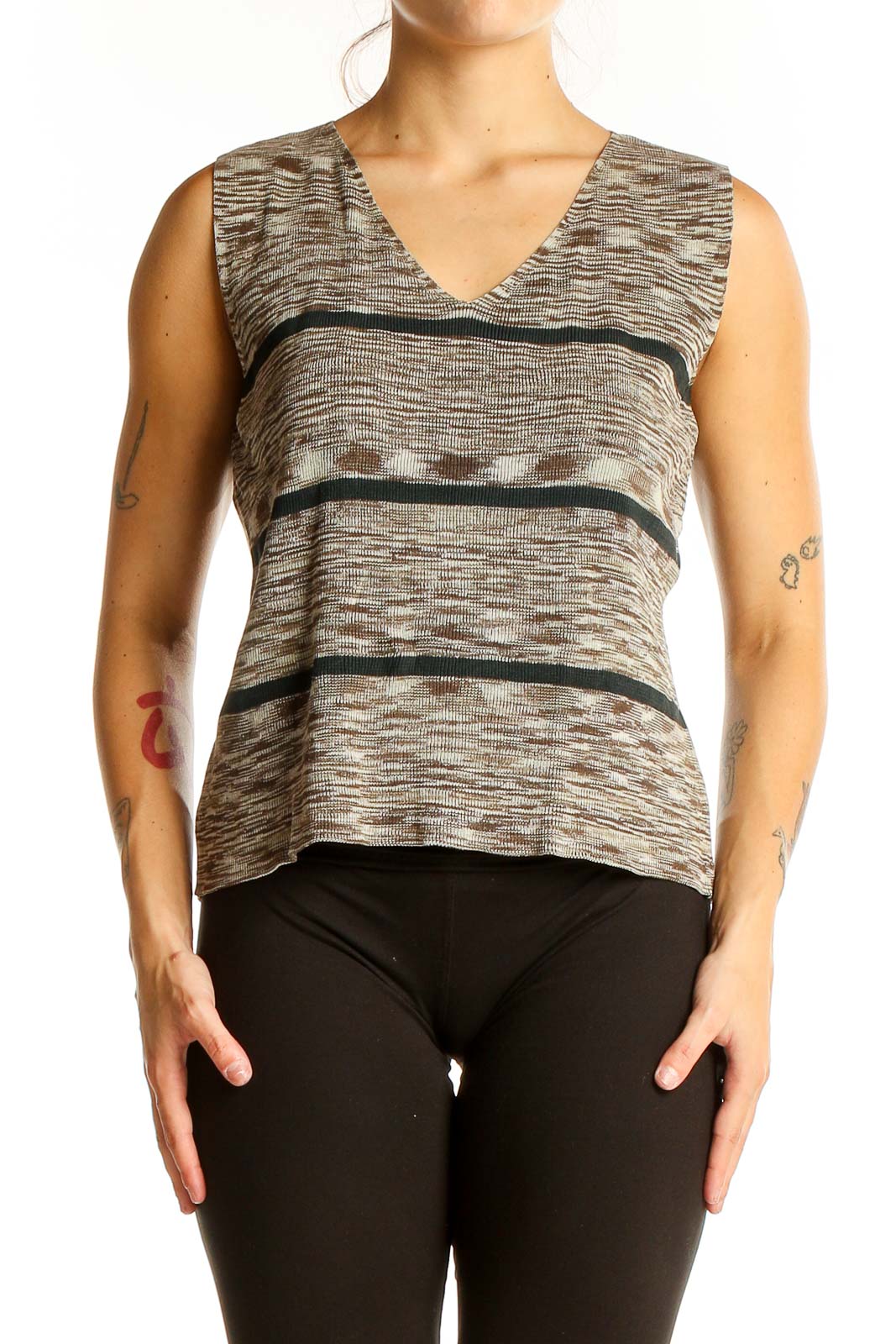 Front view of Brown Striped Silk Sleeveless Top from Banana Republic