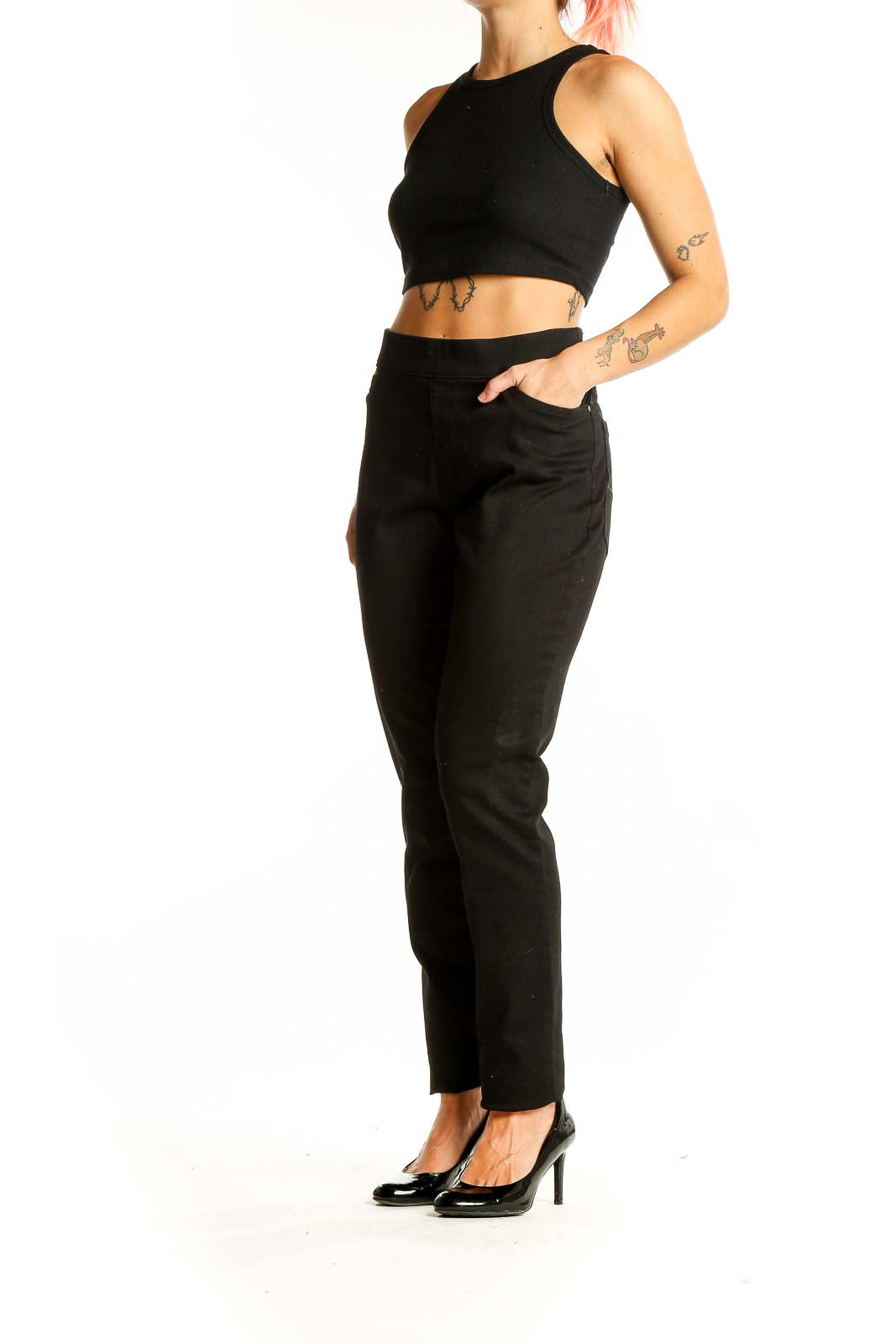 Front view of Lee black straight-leg dress pants on model
