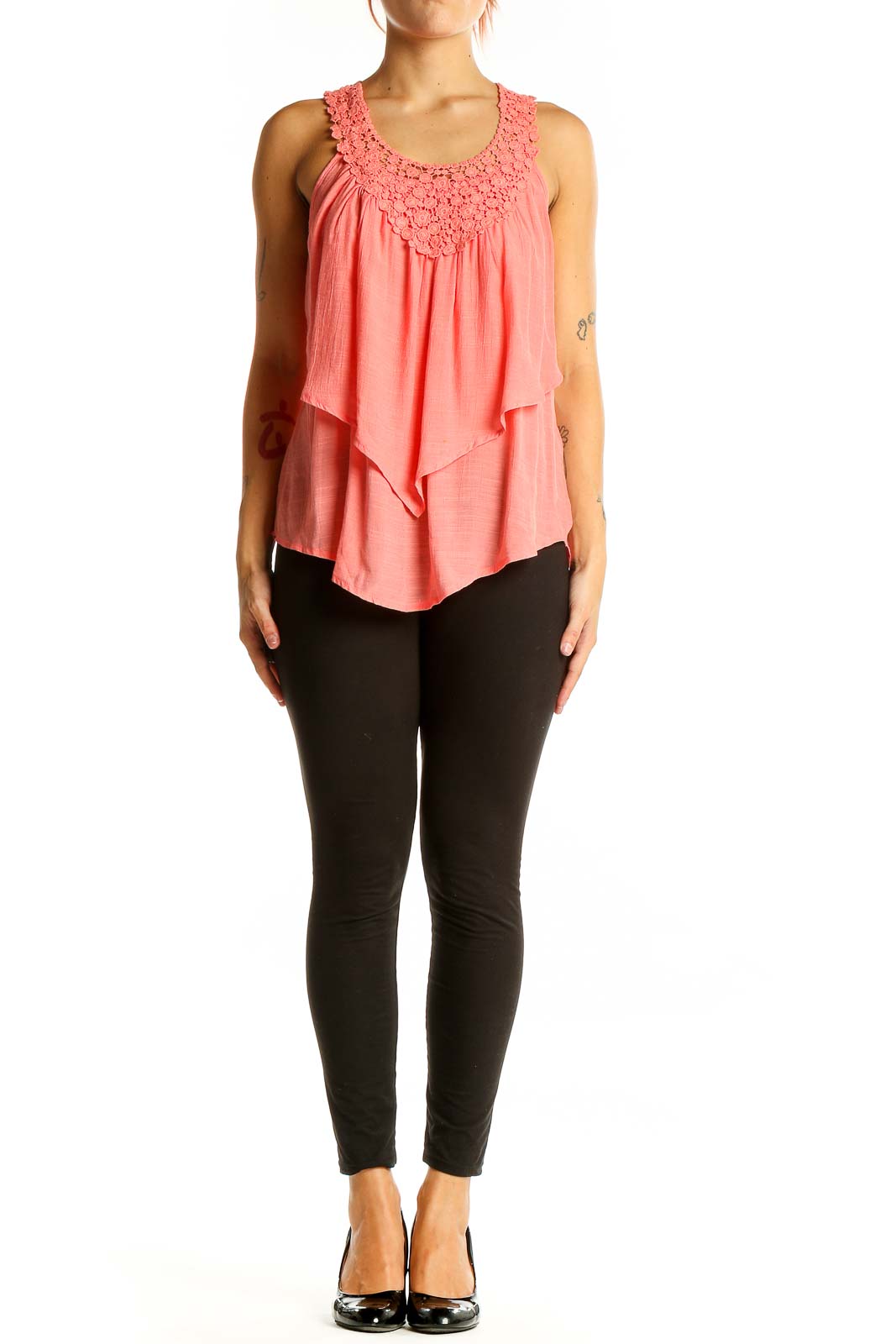 Front view of Spense coral layered tank top with crochet neckline